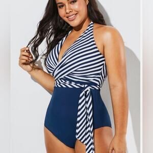 Meet Curve Faux Wrap Halter Swimsuit  XL Blue White Striped NWT Retro Swim